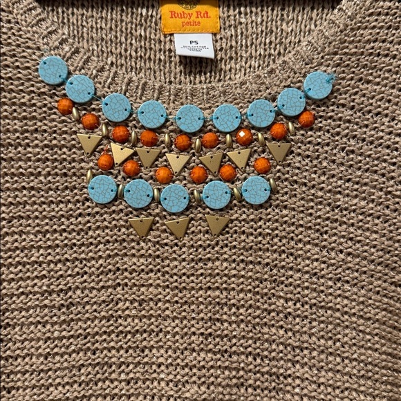 Ruby Rd. Tan Sweater with Blue Details - Picture 3 of 5